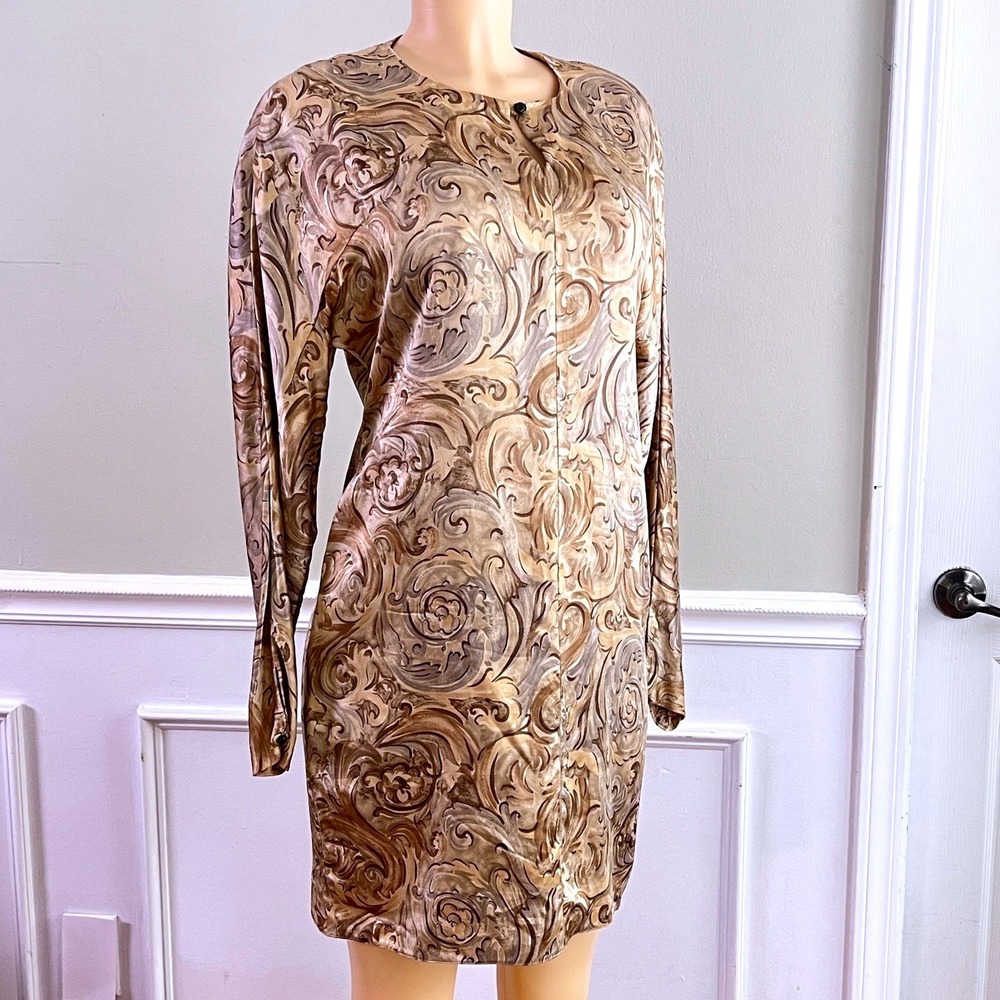 Gillian Silk Mini Dress Womens 8 Vintage 90s Paisley Long Sleeve Tan Earthy Chic